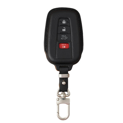 Black Vachetta leather key fob cover for Toyota Rav 4, with a silver metal clasp.