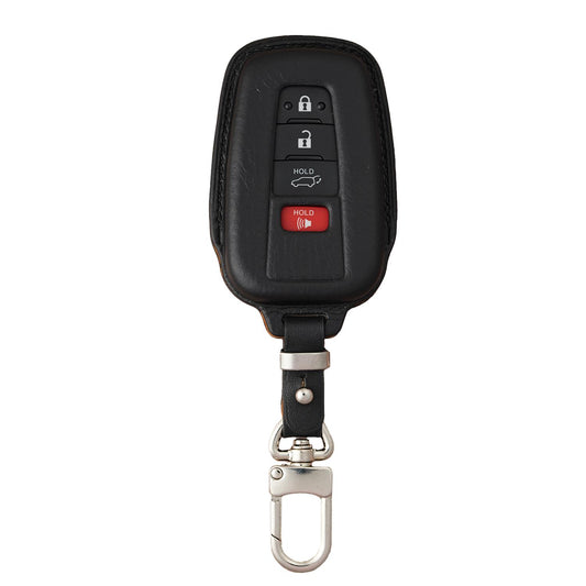 Black Vachetta leather key fob cover for Toyota Rav 4, with a silver metal clasp.