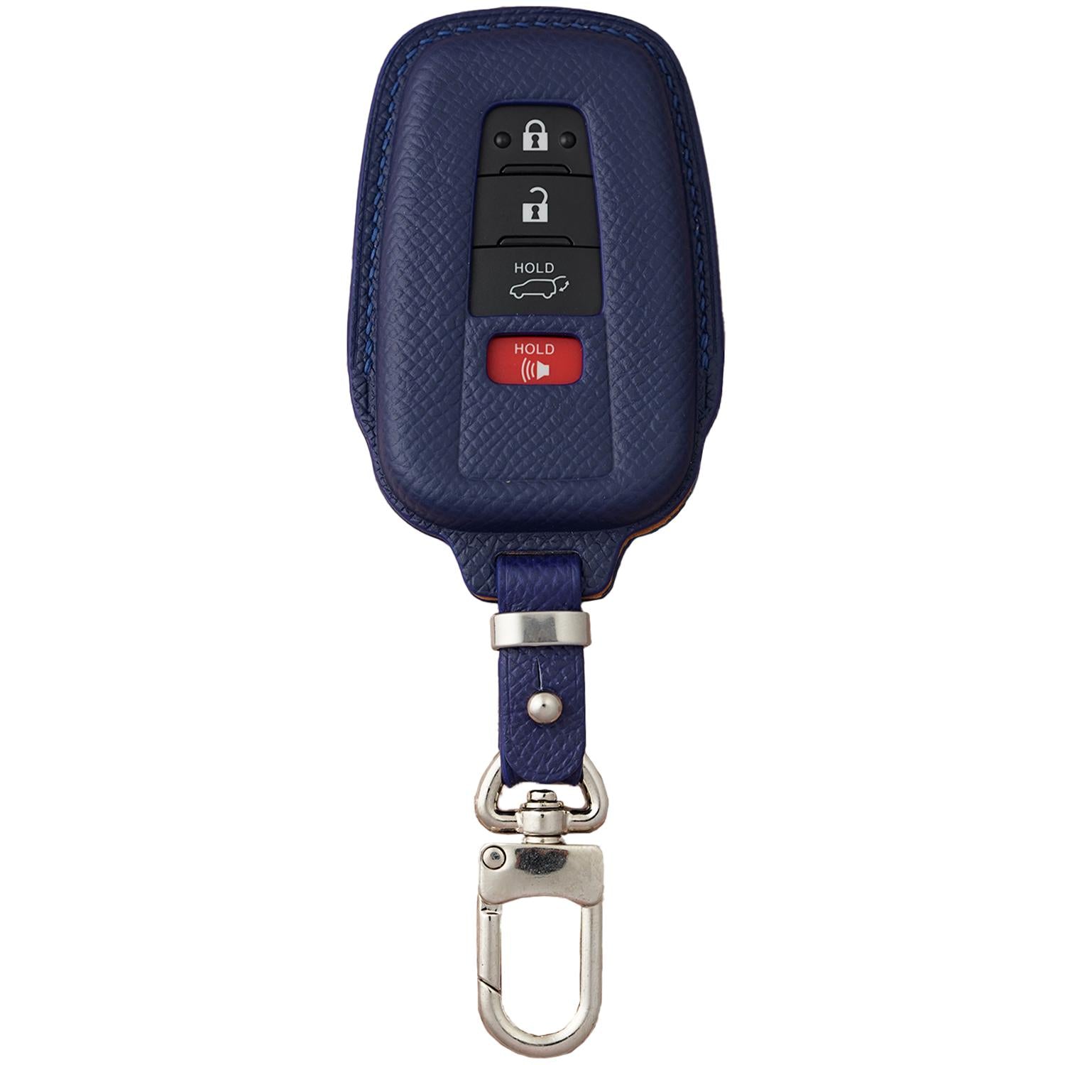 Blue Epsom leather key fob cover for Toyota Rav 4, with silver hardware and red panic button.
