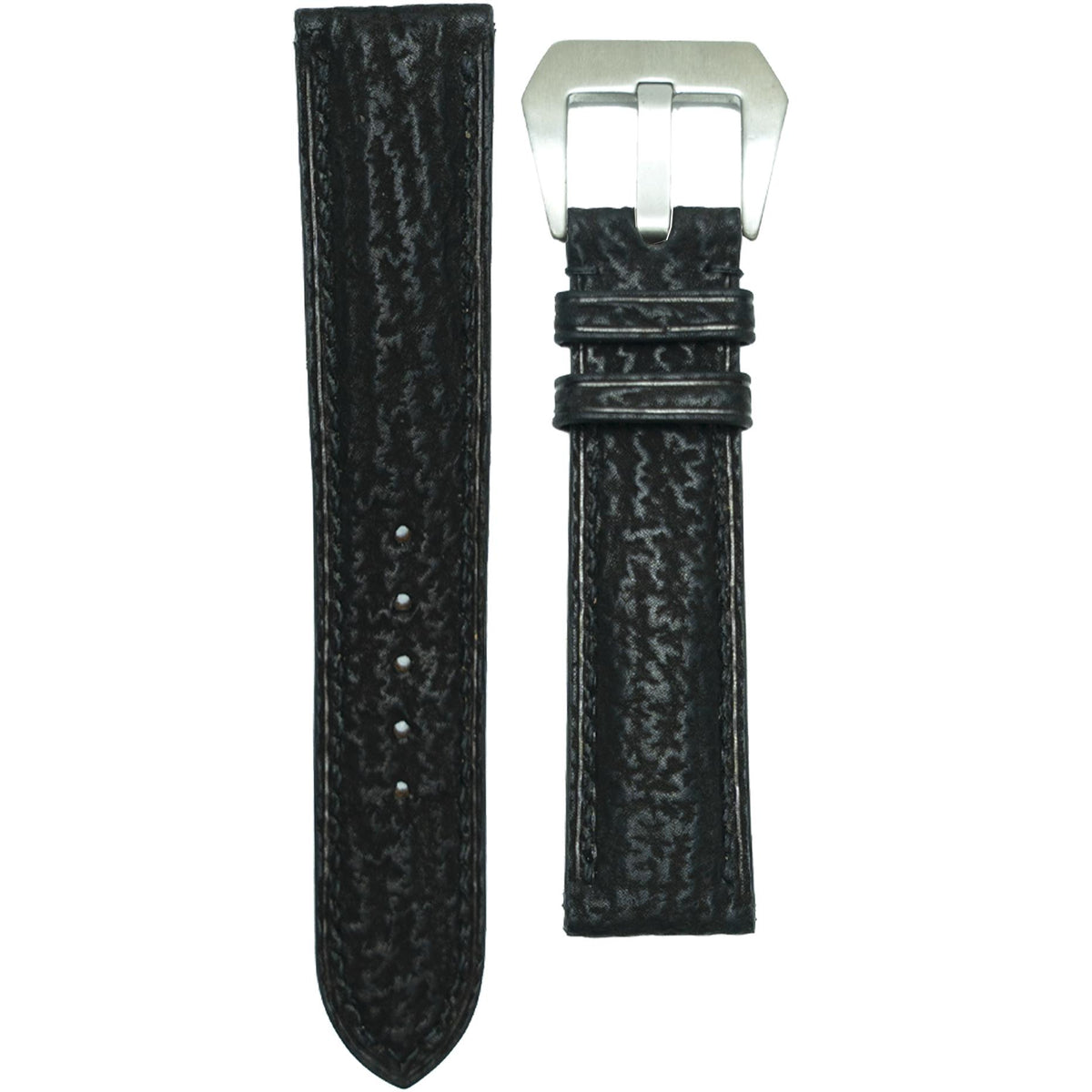 Black shark skin leather watch strap with silver buckle, flat lay.