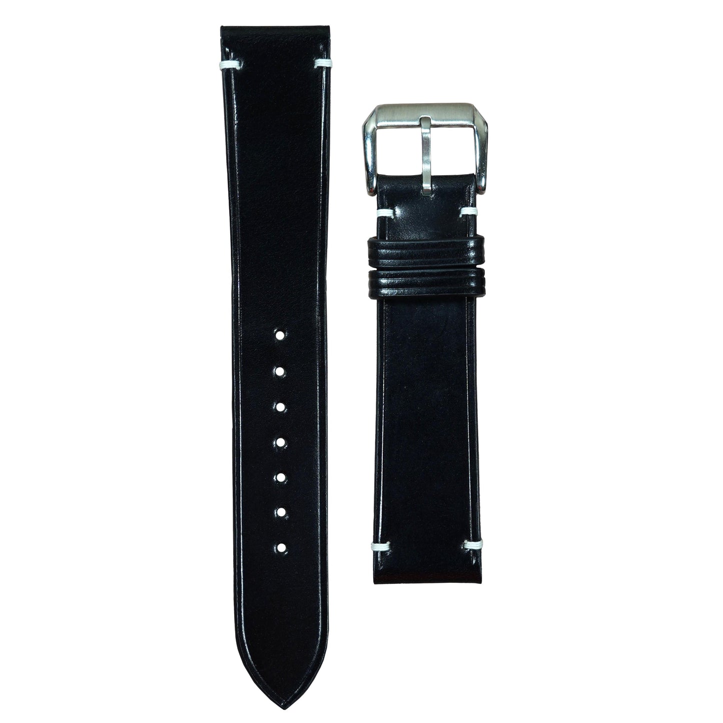Black Shell Cordovan leather watch strap with white stitching and silver buckle, flat lay.