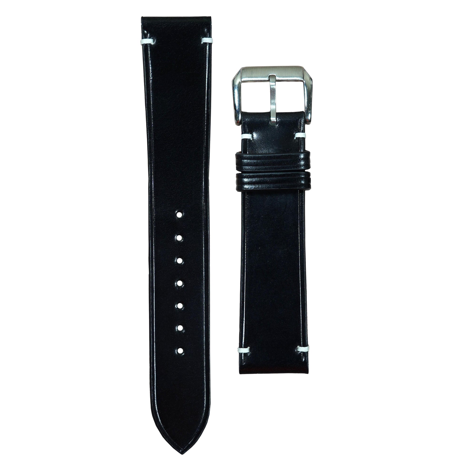 Black Shell Cordovan leather watch strap with white stitching and silver buckle, flat lay.