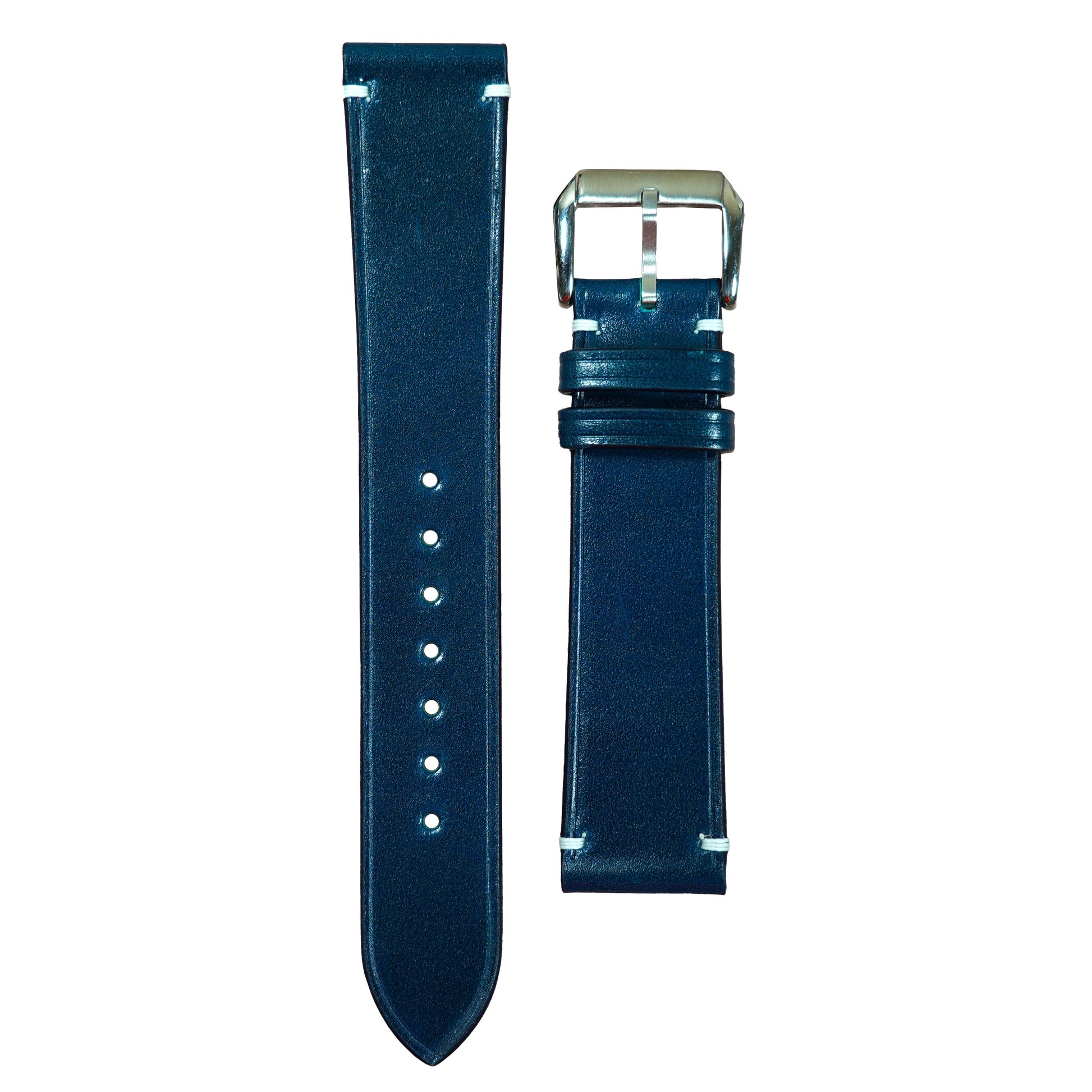Teal blue Shell Cordovan leather watch strap with white stitching and silver buckle, flat lay.