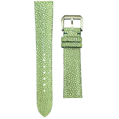 Green stingray leather watch strap with silver buckle, flat lay.
