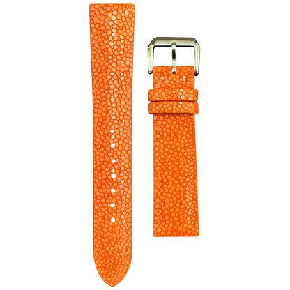 Orange stingray leather watch strap with silver buckle, flat lay.