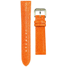 Load image into Gallery viewer, Orange stingray leather watch strap with silver buckle, flat lay.
