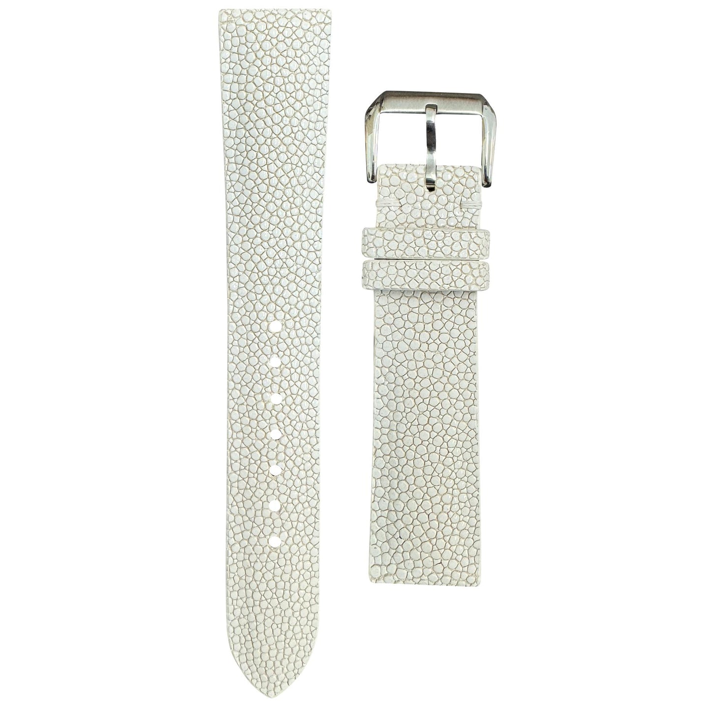 White stingray leather watch strap with silver buckle, flat lay.