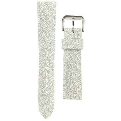 White stingray leather watch strap with silver buckle, flat lay.