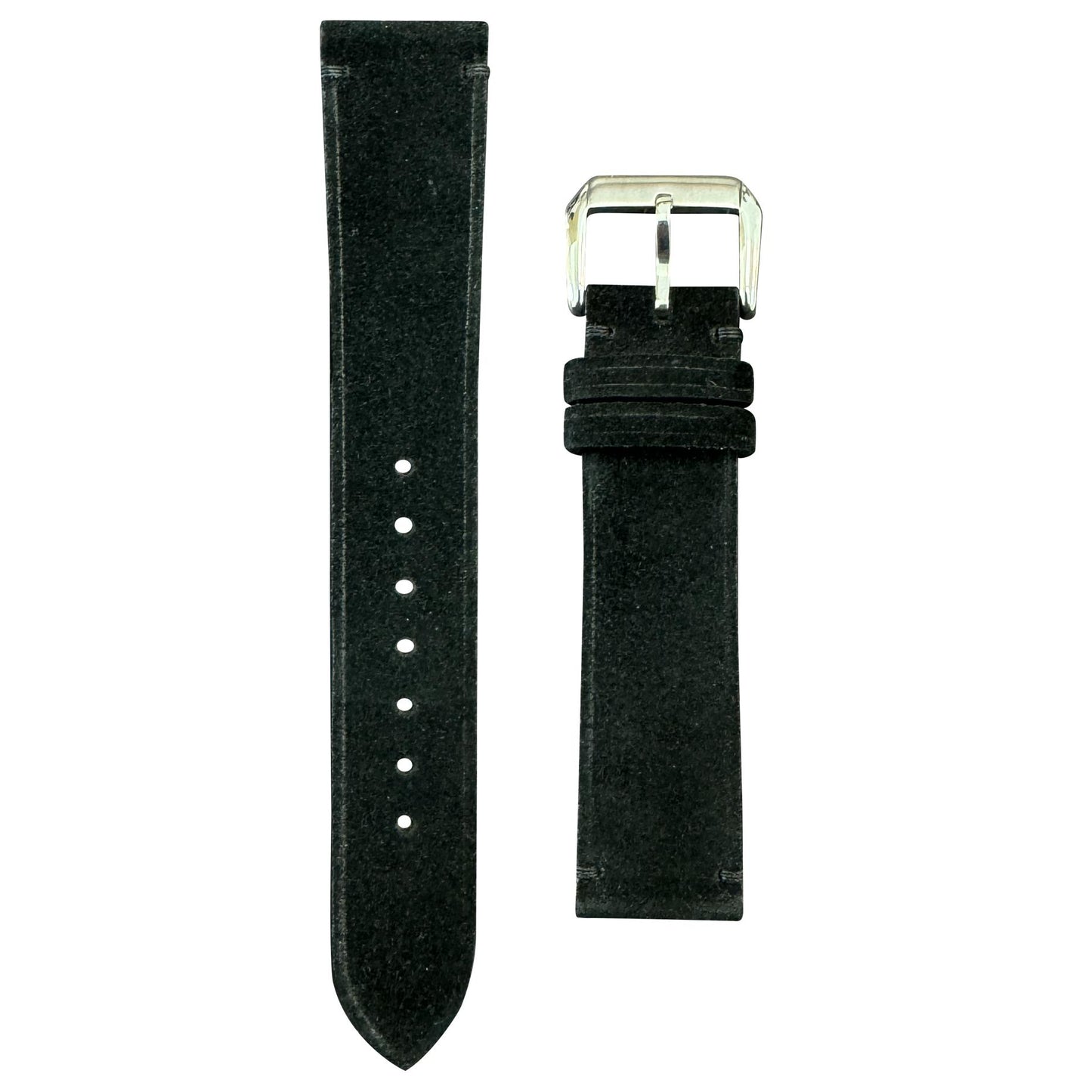 Black suede leather watch strap with a silver buckle, flat lay.