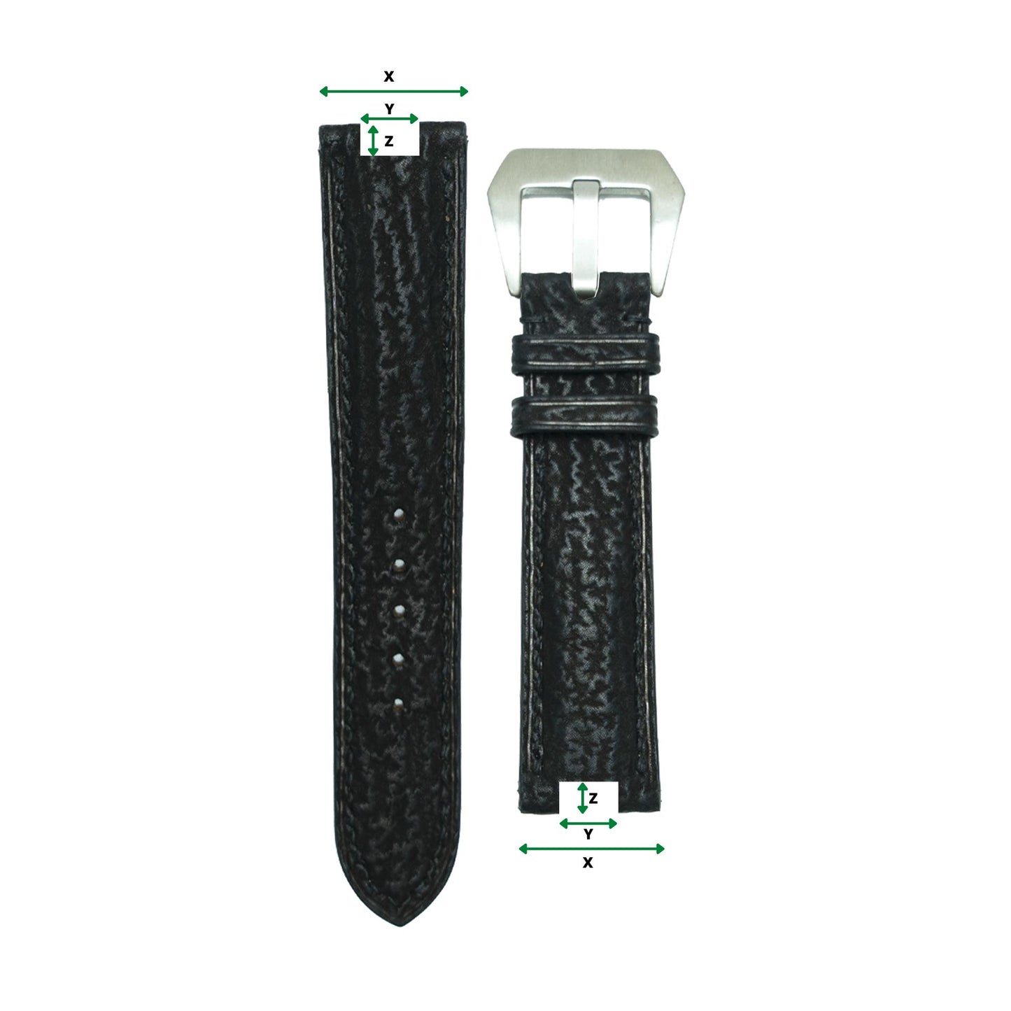 Black textured leather watch strap with a silver buckle, flat lay.