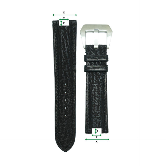 Black textured leather watch strap with a silver buckle, flat lay.