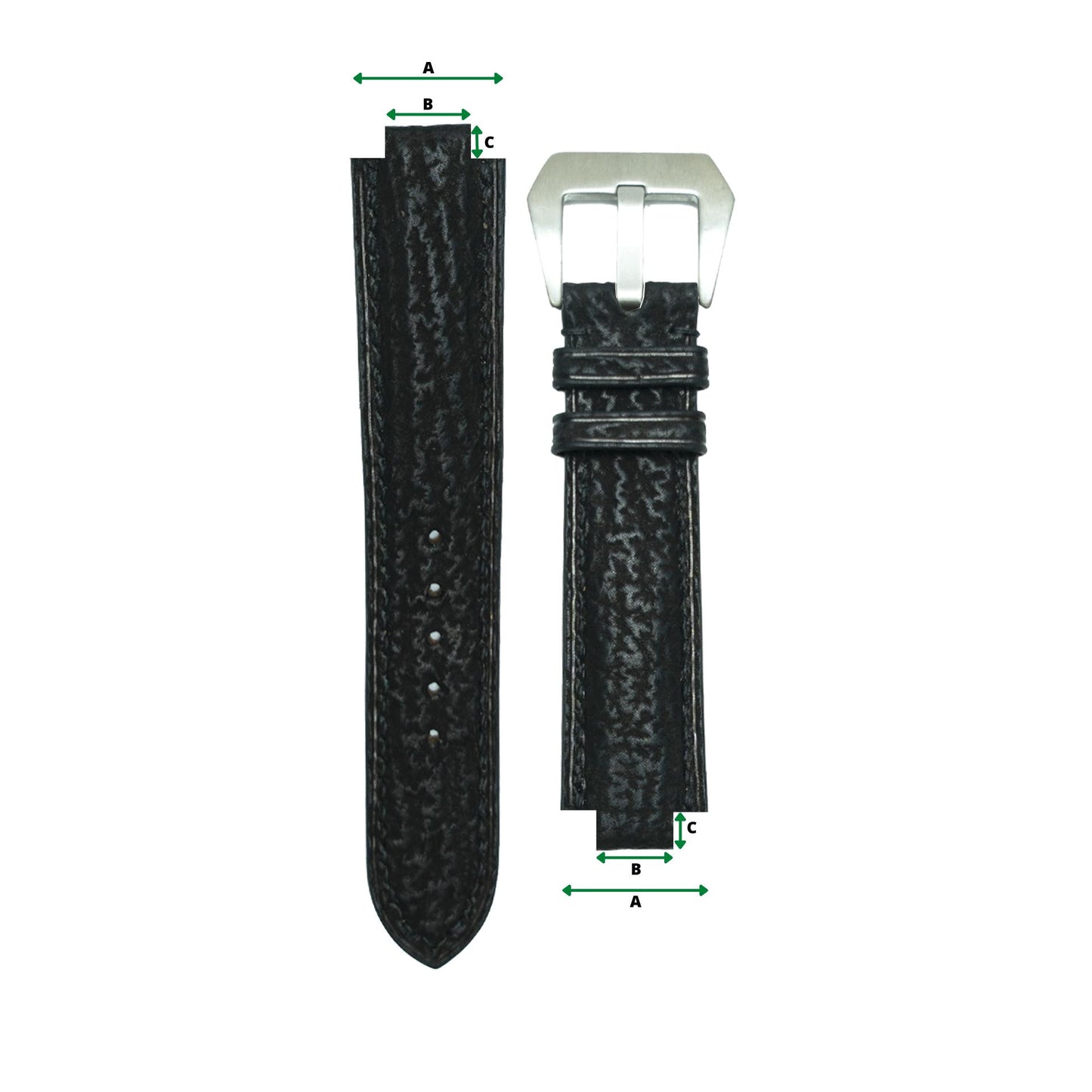 Black textured leather watch strap with corner notches and a silver buckle, flat lay.