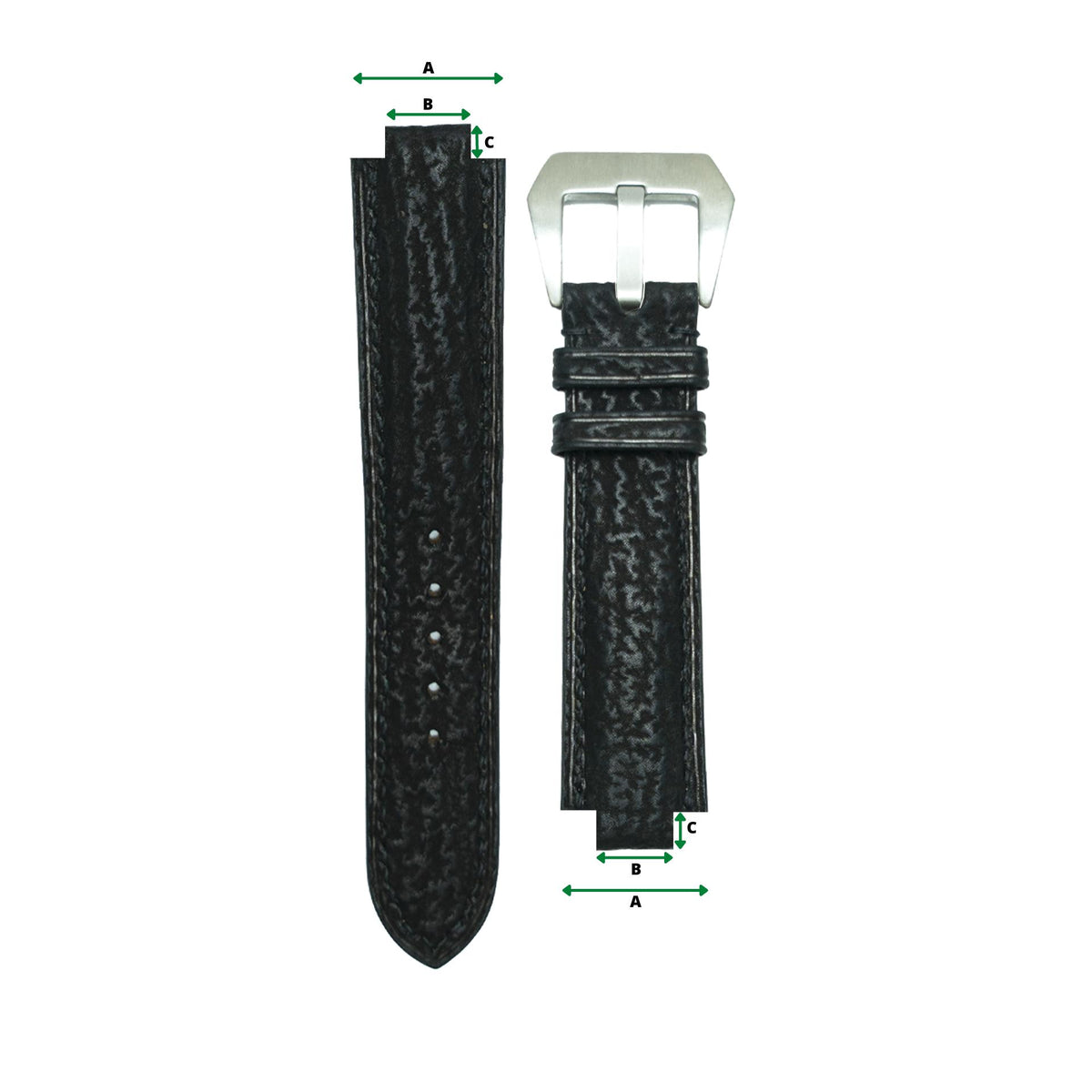 A, B and C measurement diagram for a custom corner-notched leather watch strap