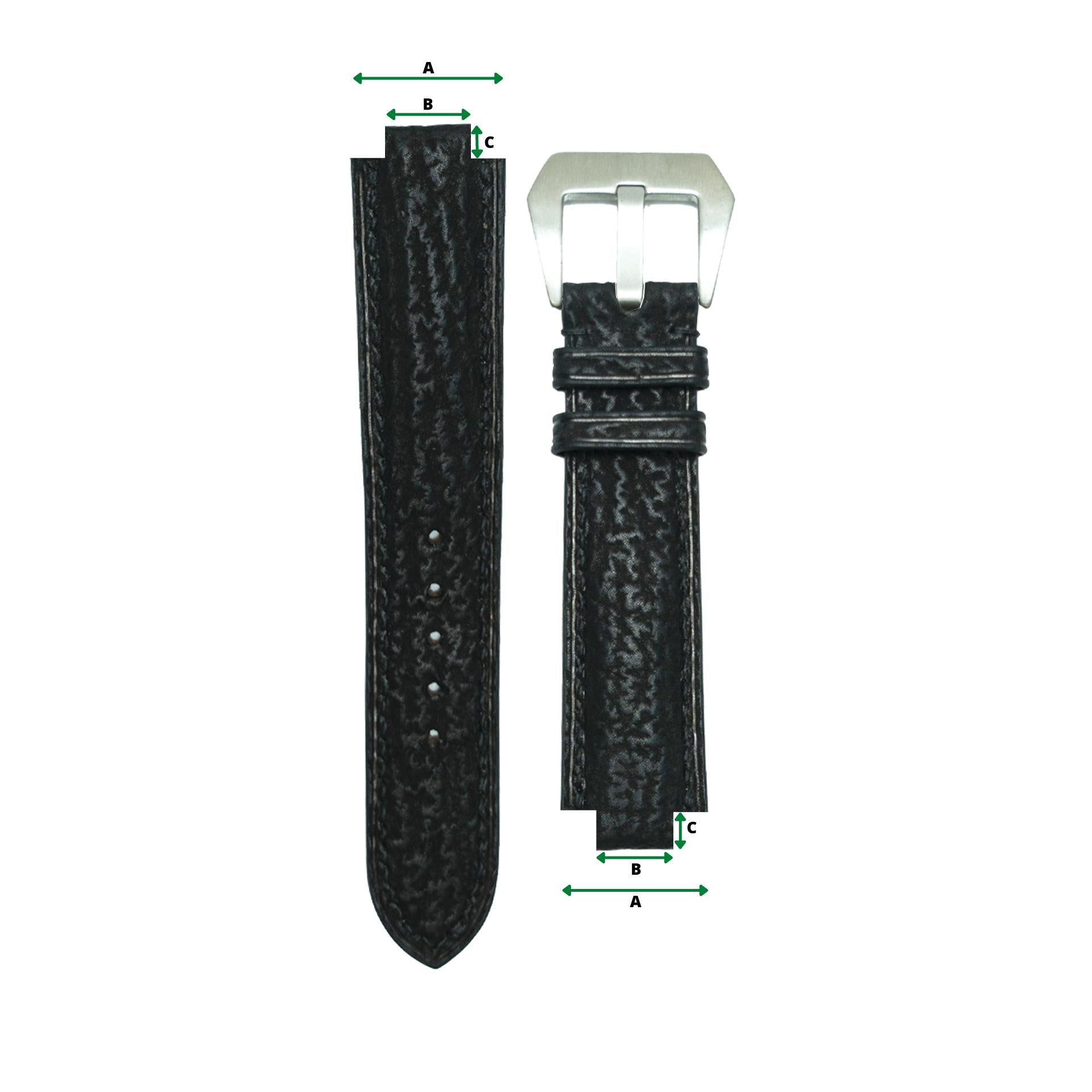 Black textured leather watch strap with corner notches and a silver buckle, flat lay.