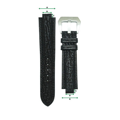 Black textured leather watch strap with corner notches and a silver buckle, flat lay.
