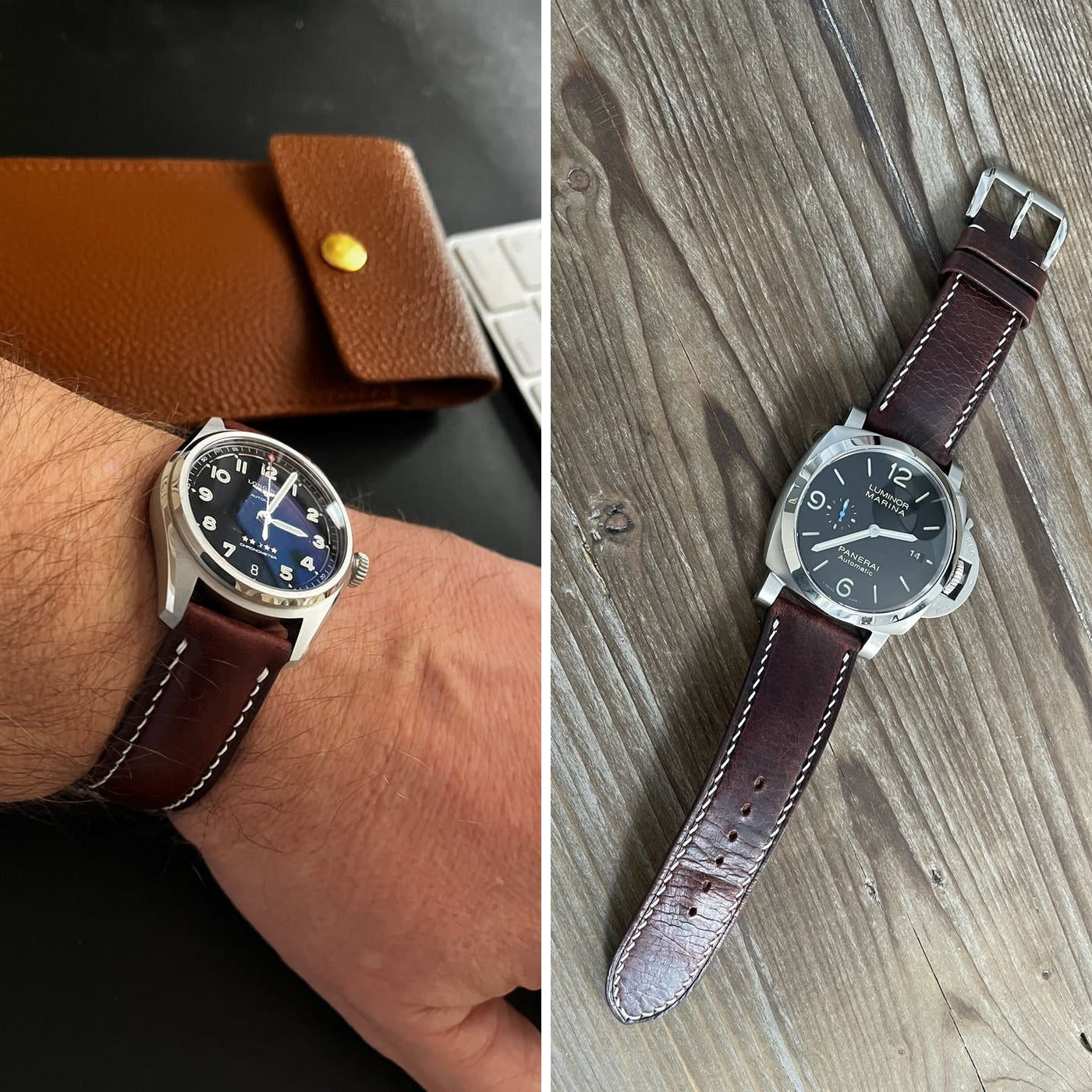 Two customer watches fitted with dark brown Badalassi Wax leather straps, showing wrist fit and full strap construction.