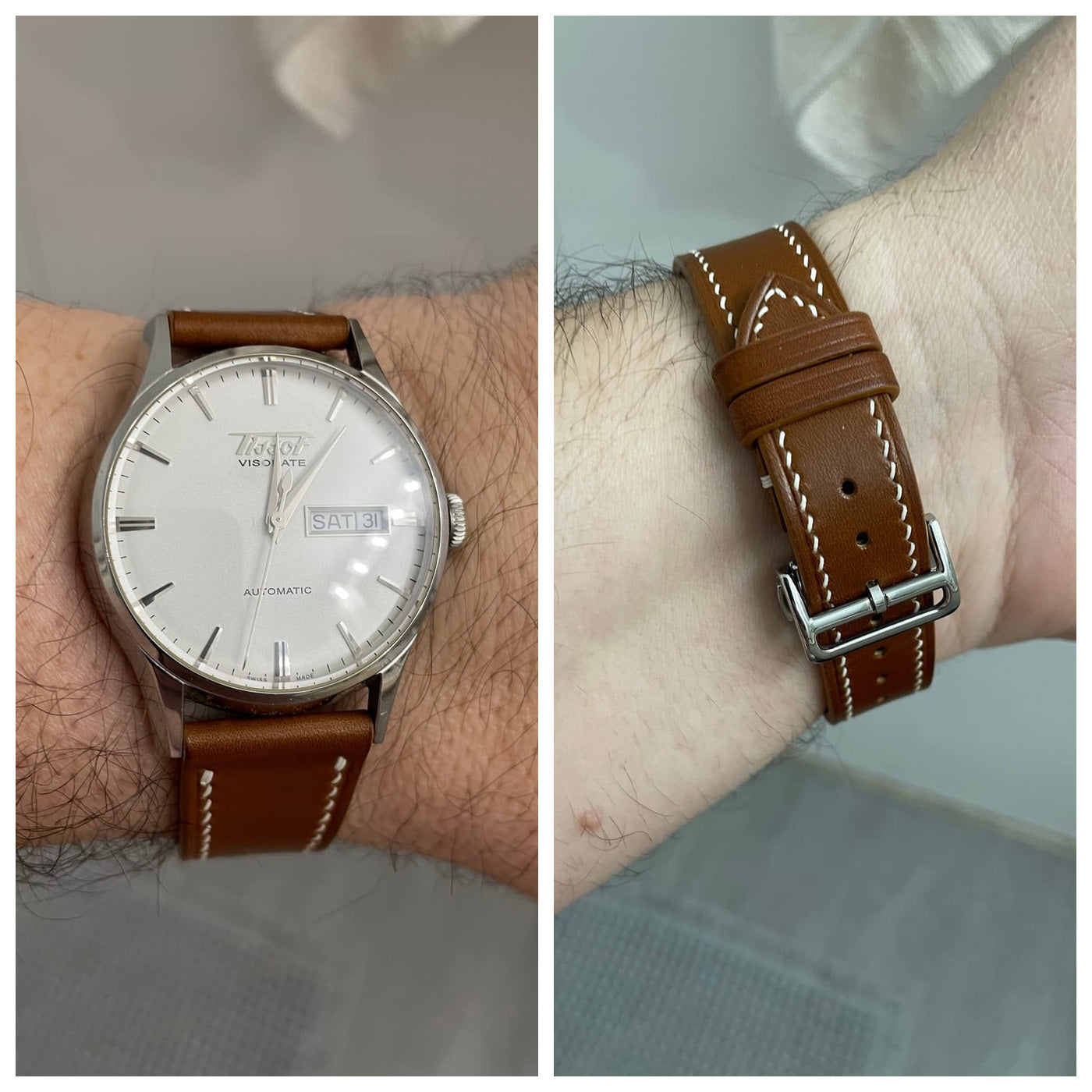 Brown Barenia leather watch strap fitted to a Tissot watch, showing the wrist fit, white stitching, keepers and silver buckle.