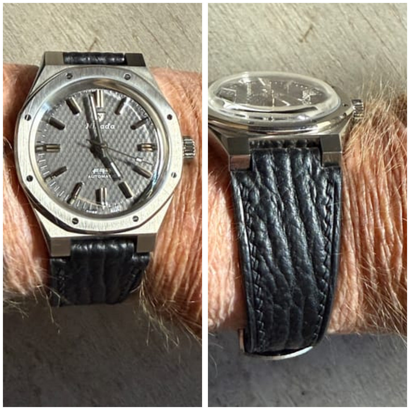 Two customer close-ups of a black corner-notched leather watch strap fitted to a Nivada F77.