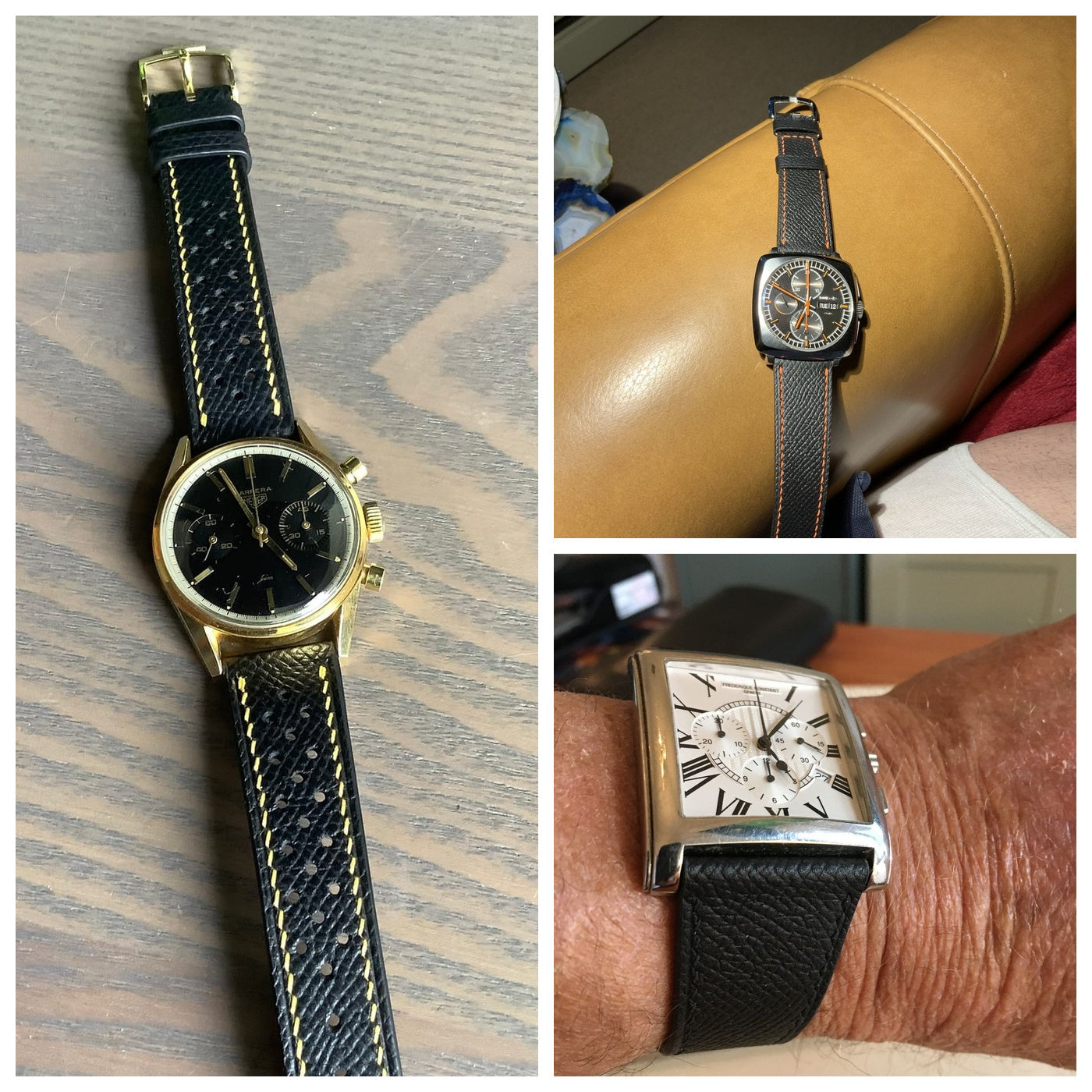 Black Epsom leather watch straps with yellow, orange and matching stitching on vintage, chronograph and rectangular watches.