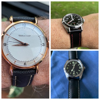 Black Epsom leather watch straps fitted to Jaeger-LeCoultre, Grand Seiko and field-style watches, showing wrist fit and grain.