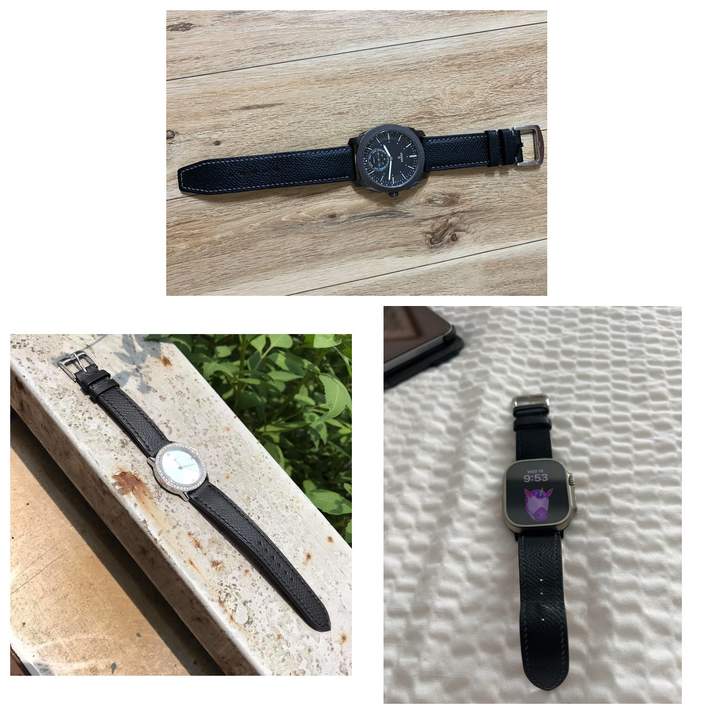 Black Epsom leather watch straps shown full length with a Fossil watch, ladies watch and Apple Watch.