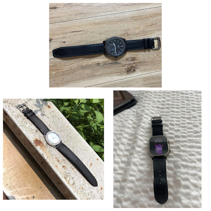 Black Epsom leather watch straps shown full length with a Fossil watch, ladies watch and Apple Watch.