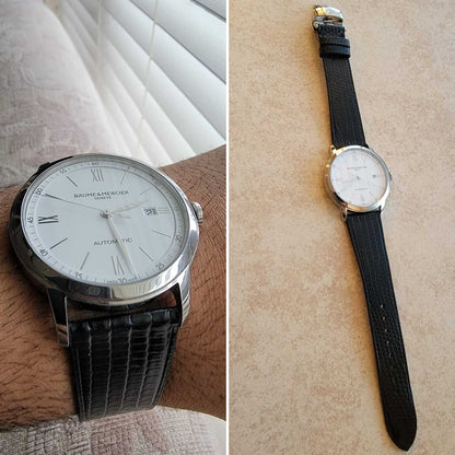 Black lizard leather watch strap fitted to a Baume & Mercier Classima, shown on wrist and full length in two customer photos.