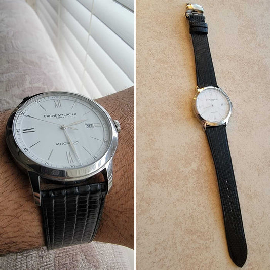 Black lizard leather watch strap fitted to a Baume & Mercier Classima, shown on wrist and full length in two customer photos.