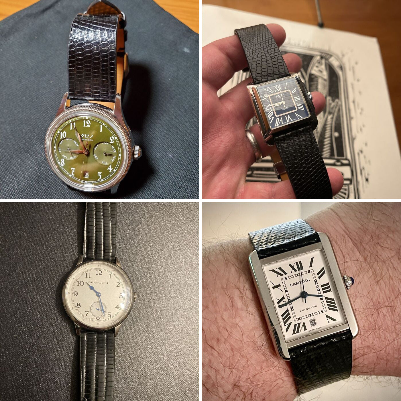 Four customer watches fitted with VGreen black lizard leather straps, showing the grain and fit across round and rectangular cases.