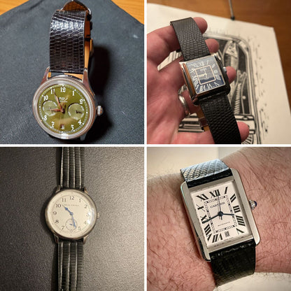 Four customer watches fitted with VGreen black lizard leather straps, showing the grain and fit across round and rectangular cases.