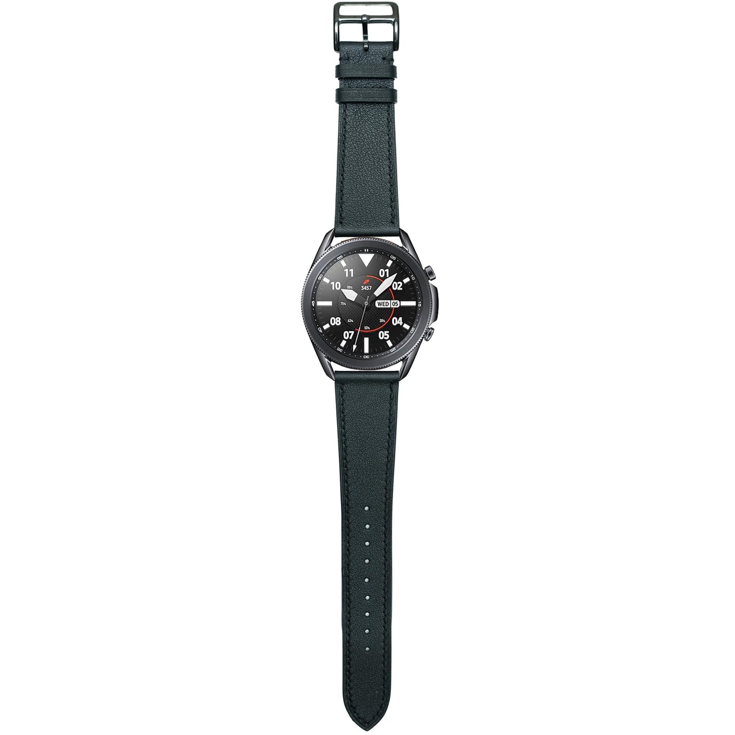 Black Swift leather watch strap with black stitching on a Samsung Galaxy Watch, flat lay.