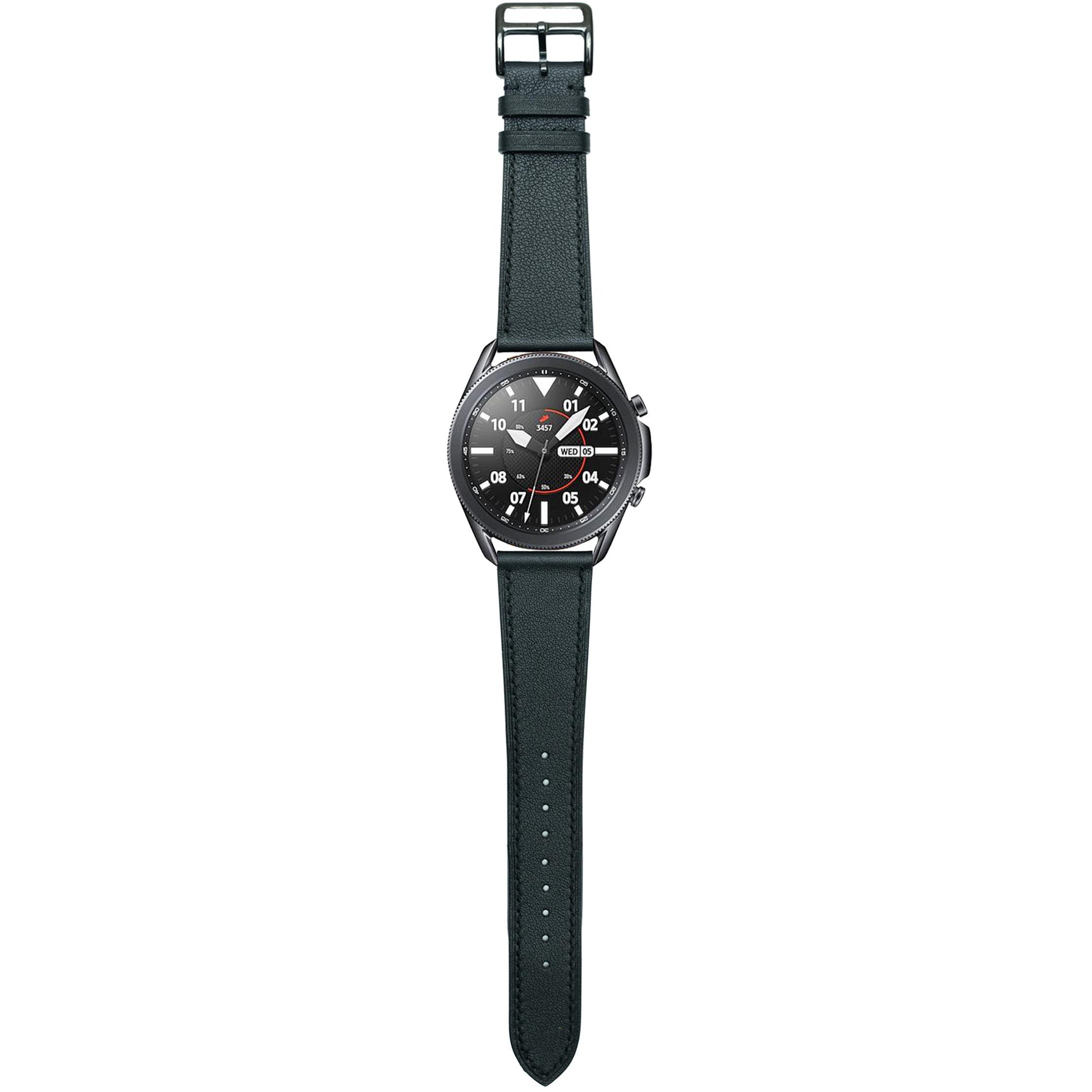 Black Swift leather watch strap with black stitching on a Samsung Galaxy Watch, flat lay.