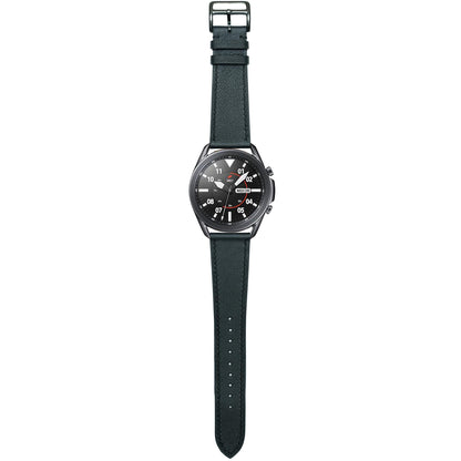 Black Swift leather watch strap with black stitching on a Samsung Galaxy Watch, flat lay.