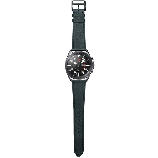 Black Swift leather watch strap with black stitching on a Samsung Galaxy Watch, flat lay.