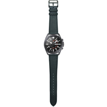 Load image into Gallery viewer, Black Swift leather watch strap with black stitching on a Samsung Galaxy Watch, flat lay.
