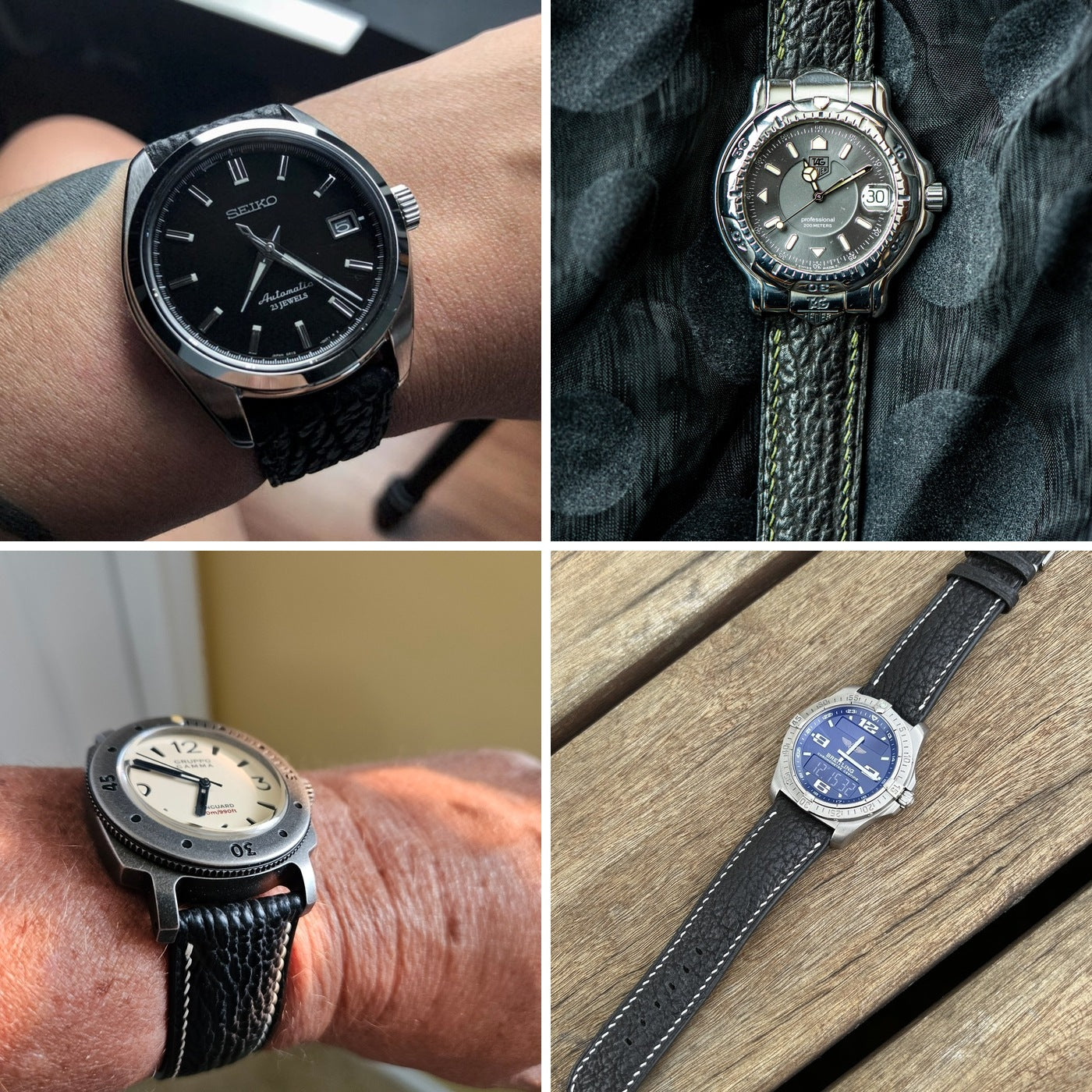 Four customer watches fitted with black shark skin leather straps, showing clean fitted and full-strap views.