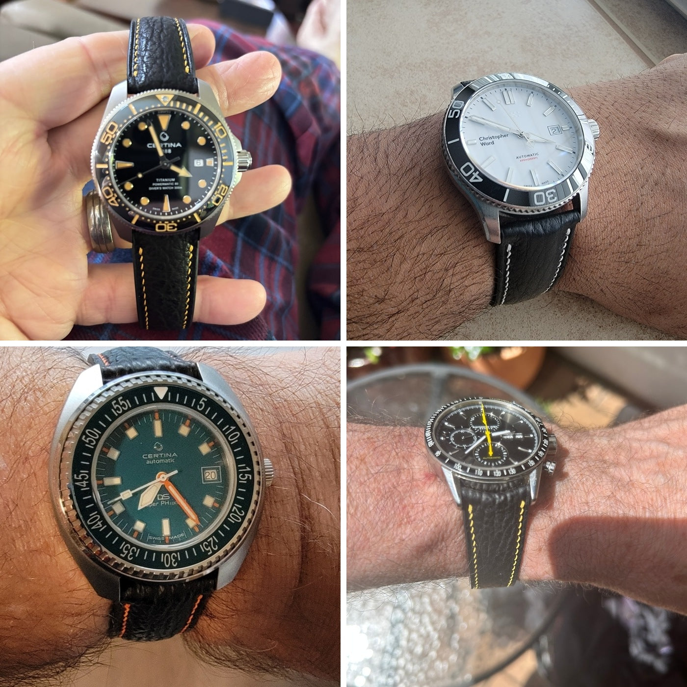 Four customer sport watches fitted with black shark skin leather straps with yellow, white and orange stitching.