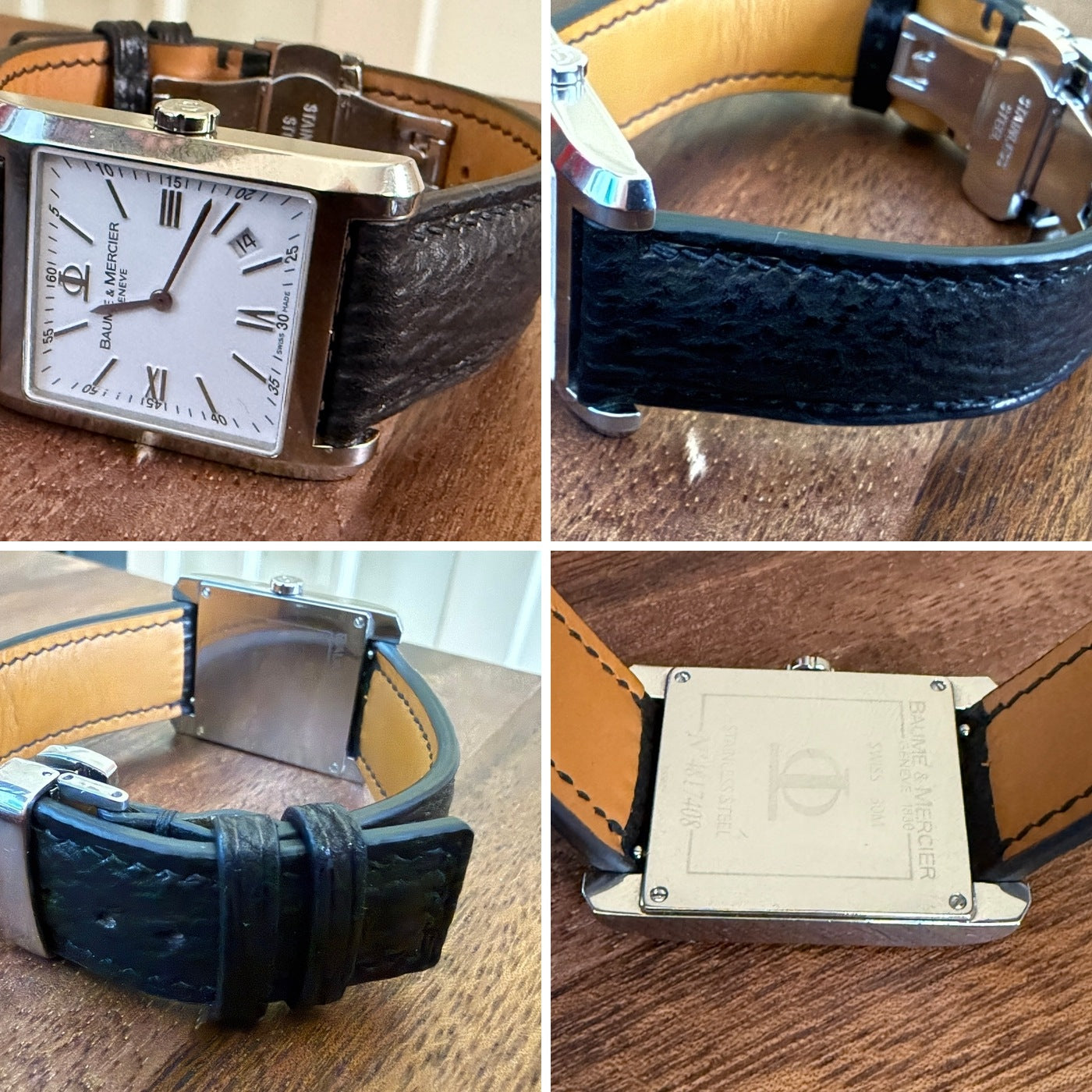 Four customer views of a black shark skin watch strap fitted to a Baume & Mercier watch, showing grain, lining and deployant buckle.