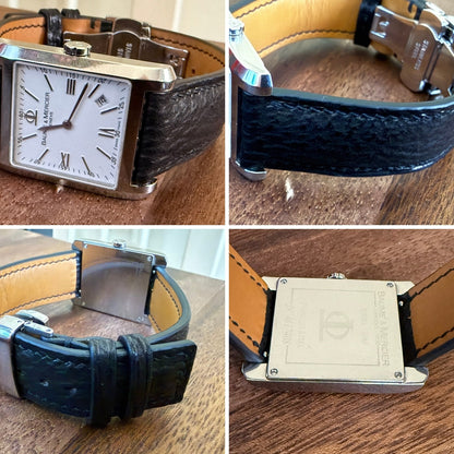 Four customer views of a black shark skin watch strap fitted to a Baume & Mercier watch, showing grain, lining and deployant buckle.
