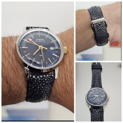 Black stingray leather watch strap fitted to a blue-dial watch, with front, buckle-side and full-length customer views.