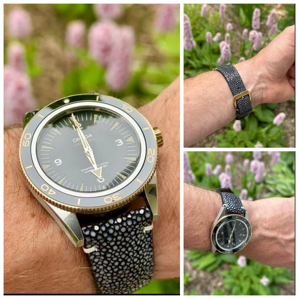 Three outdoor customer views of a black stingray leather watch strap, showing the pearl texture, wrist fit and buckle side.