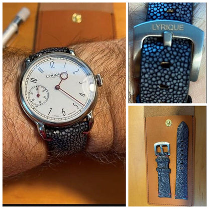 Black stingray leather watch strap fitted to a white-dial watch, with wrist, buckle-detail and unmounted strap views.