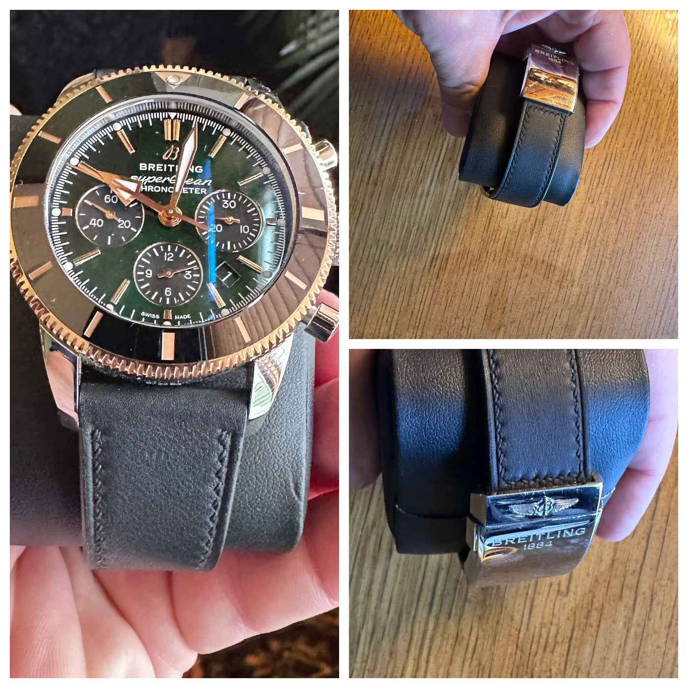 Black Swift leather watch strap fitted to a green Breitling Superocean with deployant buckle.