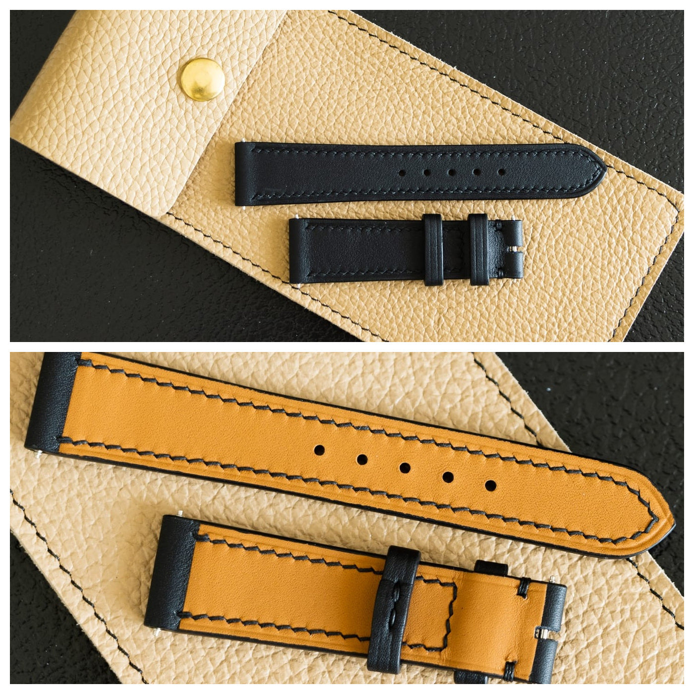 Black Swift leather watch strap showing full length, black leather grain, stitching and tan lining.
