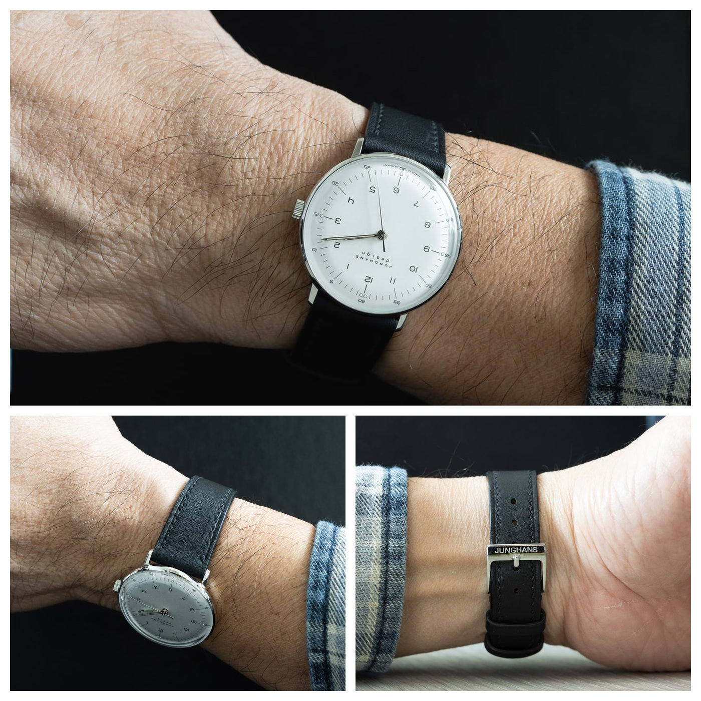 Black Swift leather watch strap fitted to a Junghans watch, showing wrist fit, side profile and buckle.