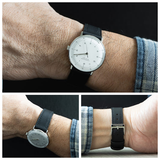Black Swift leather watch strap fitted to a Junghans watch, showing wrist fit, side profile and buckle.