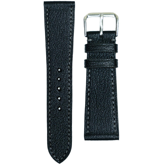 Black Alran goat leather watch strap with light stitching and silver buckle, flat lay.