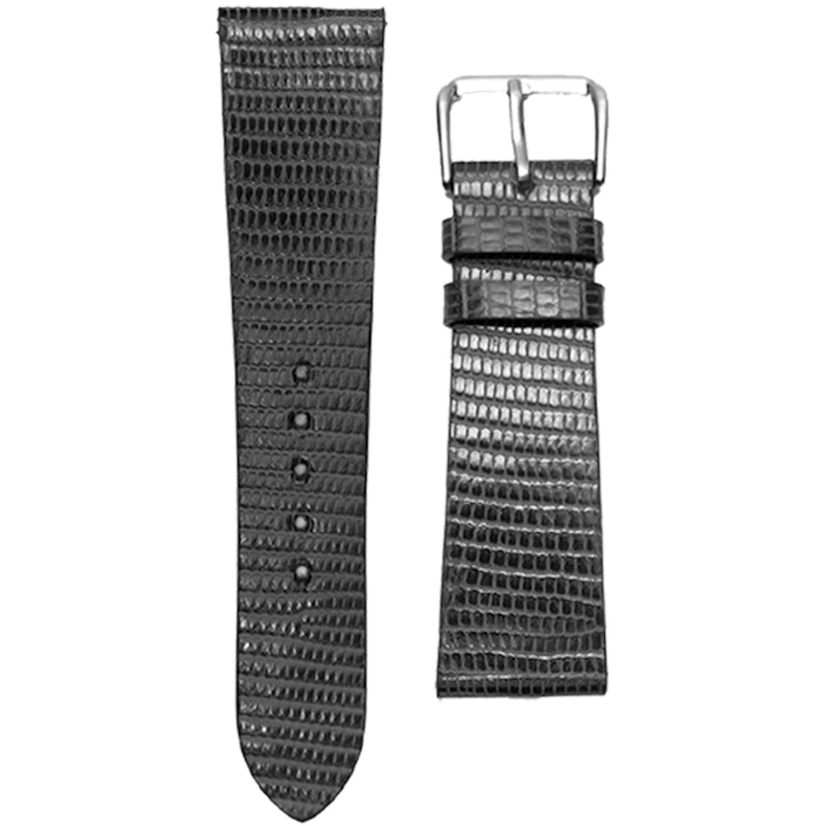 Black lizard leather watch strap with silver buckle, flat lay view.