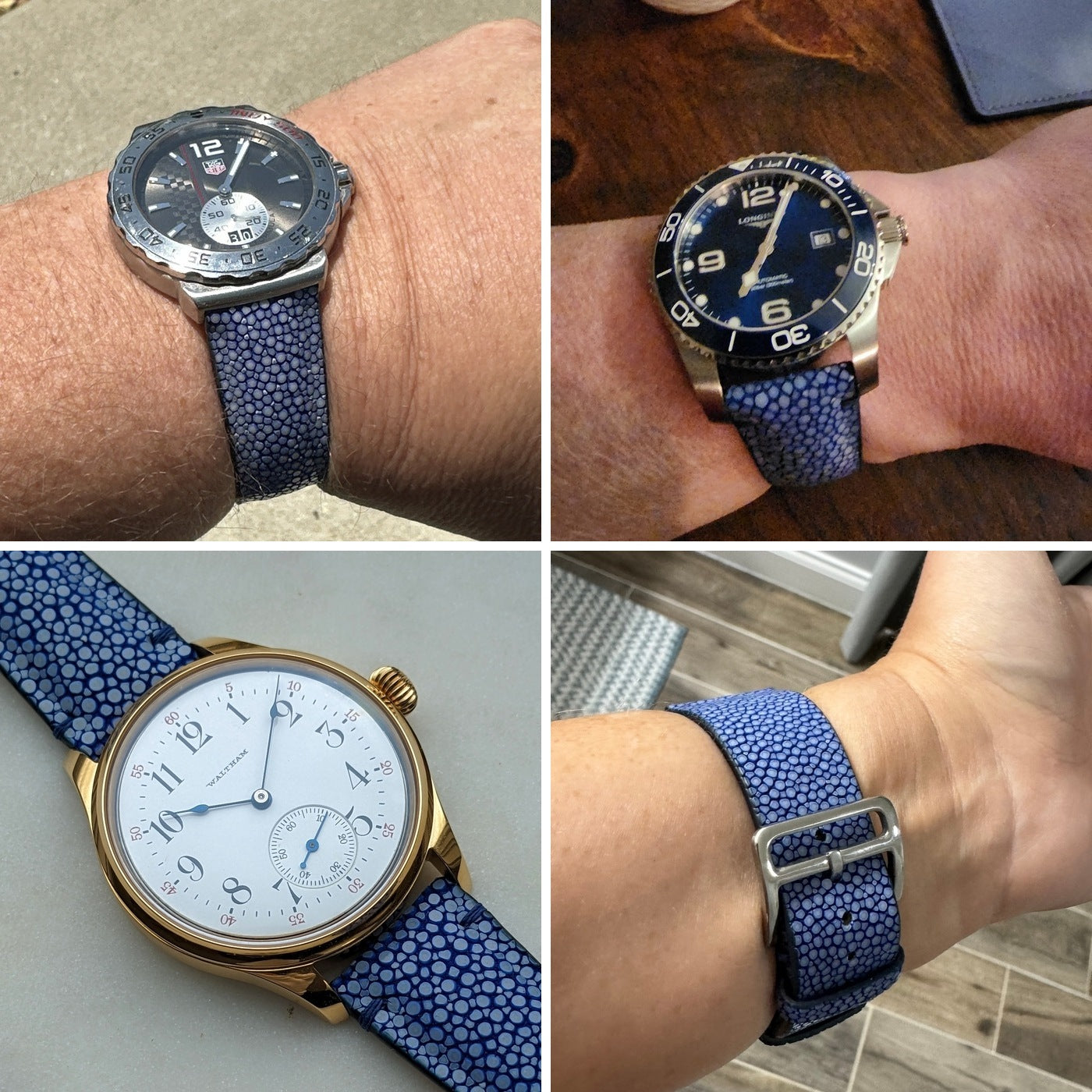 Four customer watches fitted with blue stingray leather straps, showing real-life wrist fit, pearl grain and buckle-side detail.