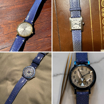 Four customer watches with blue stingray leather straps, showing the exact colour across vintage, rectangular, sport and skeleton-style cases.